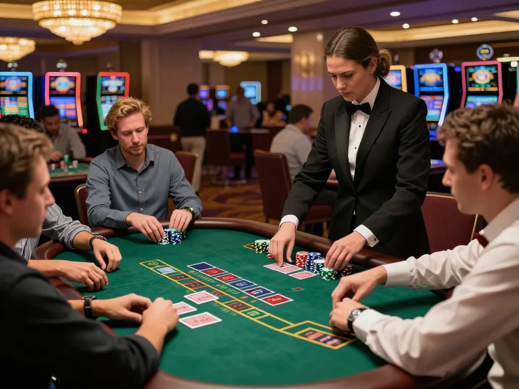 Players competing at the 28bet casino blackjack table amidst a vibrant casino atmosphere.
