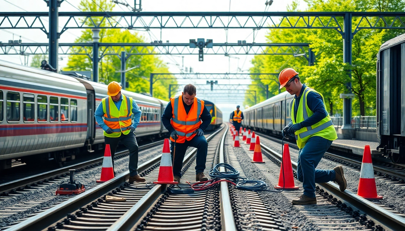 Workers involved in Emergency RailroadRepair at a busy railway station, showcasing reliable maintenance.