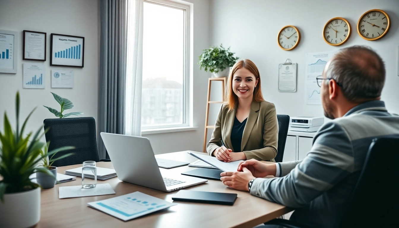 Profesjonalna scena prezentująca usługi Księgowość w nowoczesnym biurze rachunkowym w Poznaniu, podkreślająca interakcję z klientem.