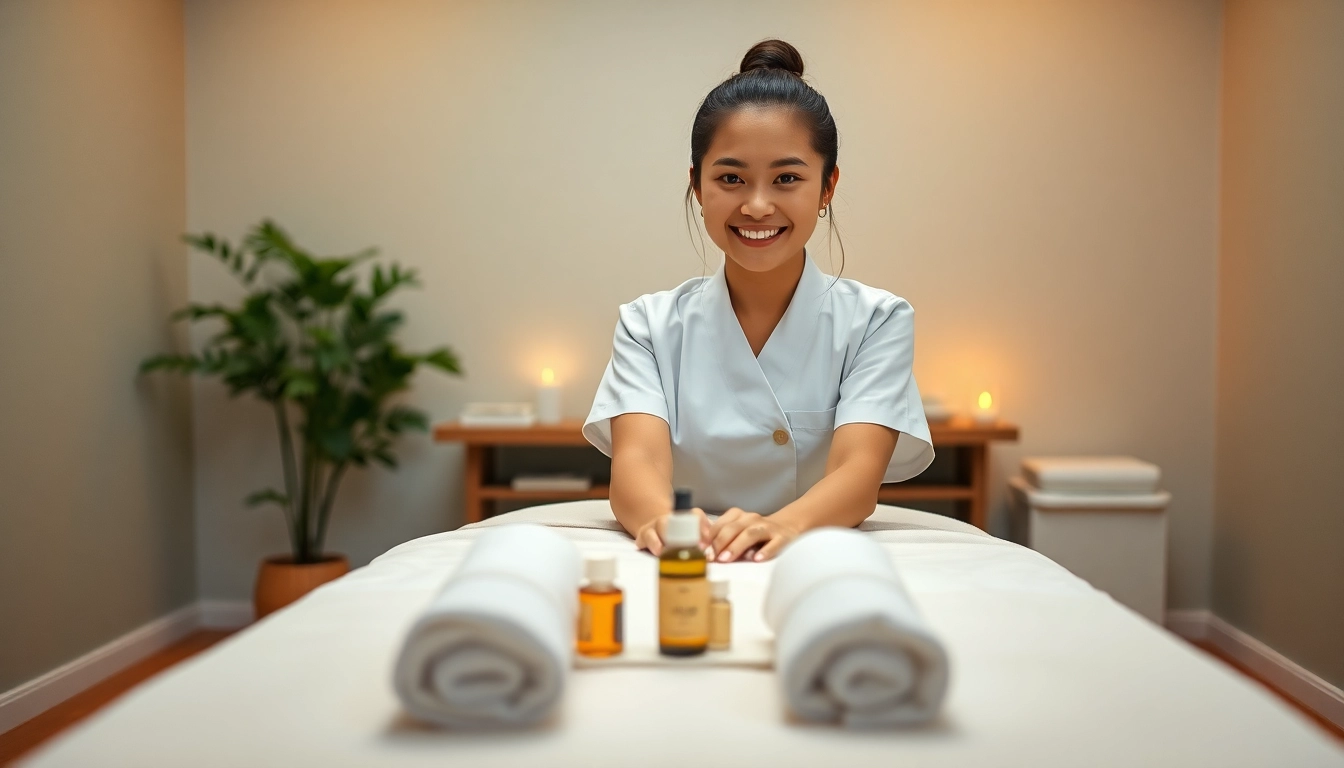 평온한 가정 환경에서 수원출장마사지 준비에 몰두하는 젊은 태국 마사지사.