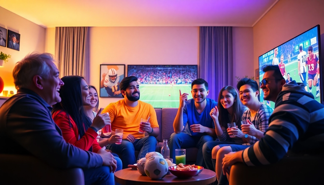 Excited fans enjoying a thrilling 토토티비 sports stream in a cozy setting with snacks and drinks.