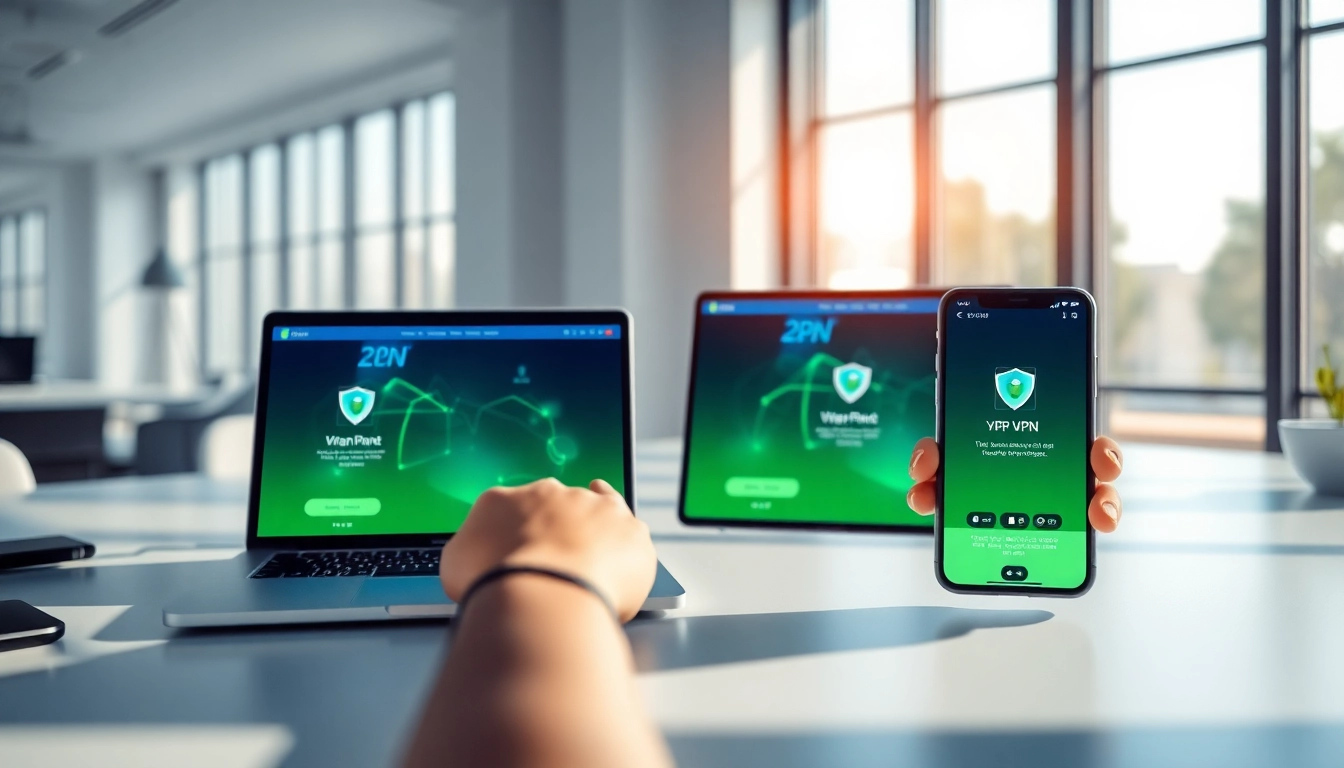 在现代工作区的多设备上展示的快连 VPN 应用，演示其安全性与连接性。