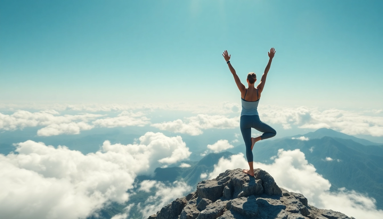 Walking on Clouds yoga practitioner atop a serene mountain, enhancing tranquility and connection.
