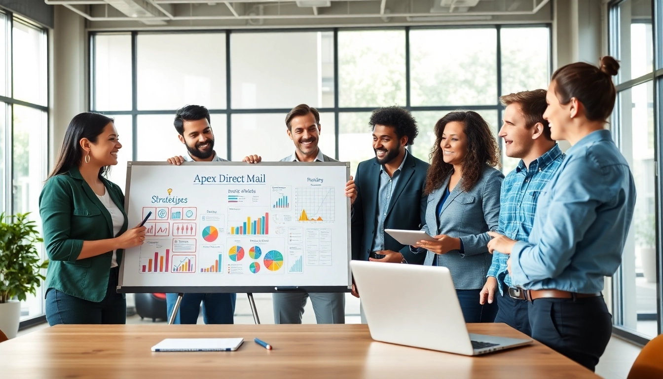 Apex Direct Mail strategies discussed by a diverse marketing team in a modern office.