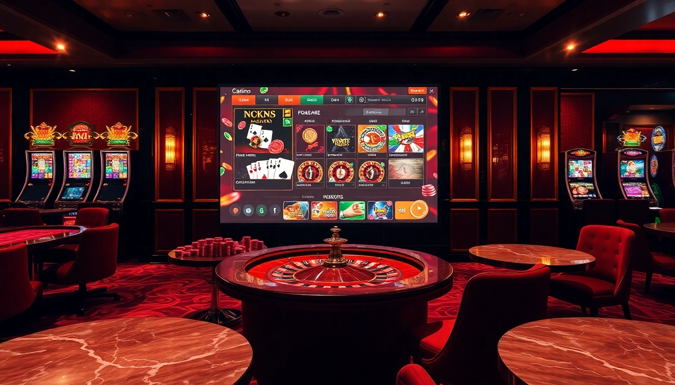 Des joueurs engagés dans un casino en ligne dynamique avec des jetons de poker et une roulette.