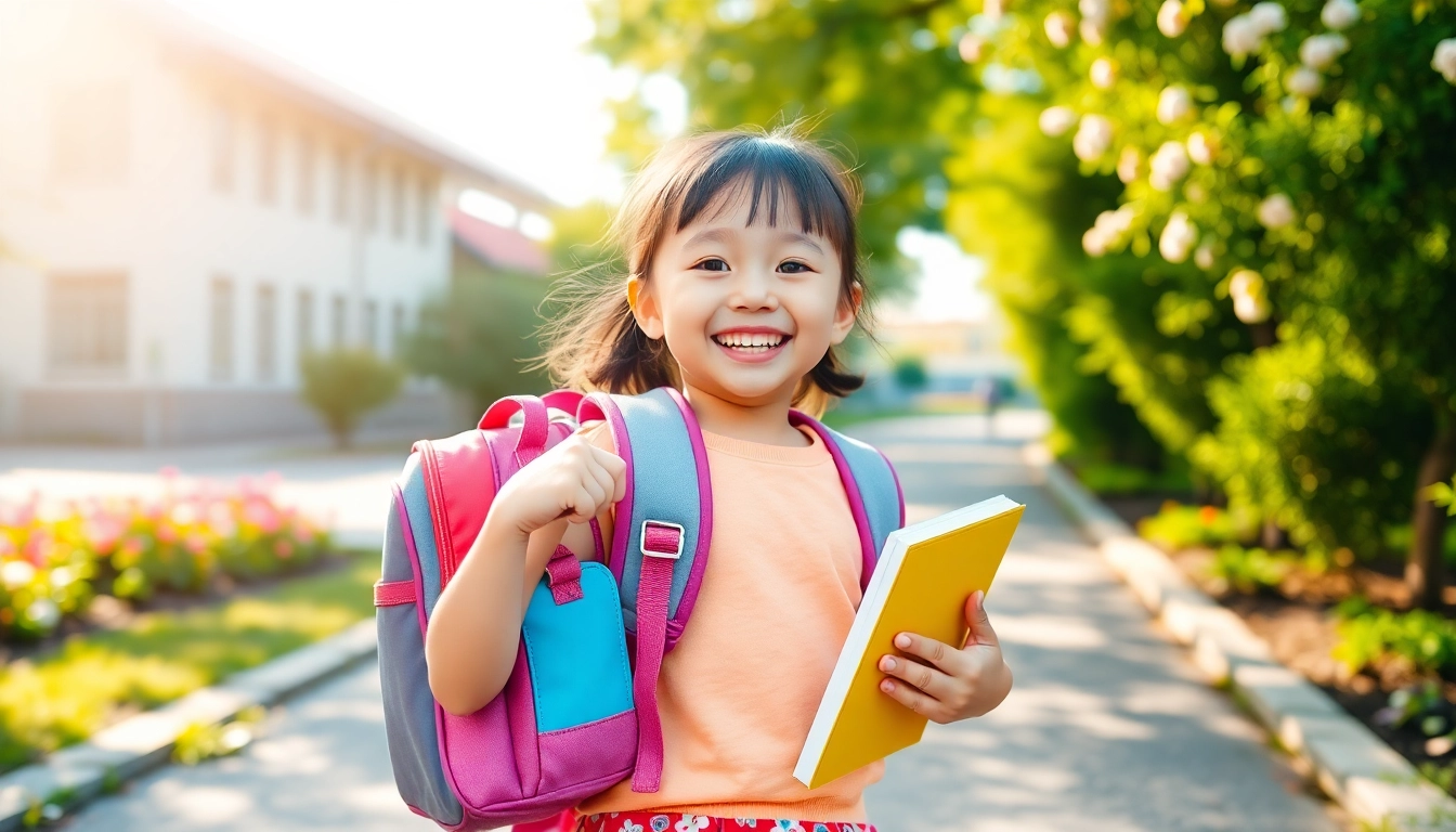 学校生活を楽しみながら、デザインと品質を披露するララちゃんランドセルを背負った幸せそうな子ども。