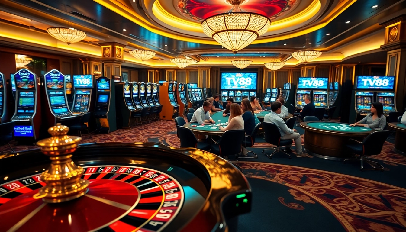 Engage in thrilling bets with TV88 at a luxurious casino featuring vibrant poker tables, slots, and roulette.