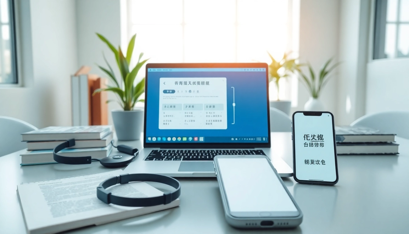 Visual of a modern workspace highlighting 有道翻译 on a laptop screen with learning materials.