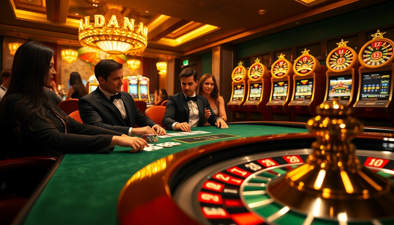 Vivez l'excitation du casino en ligne avec des joueurs de poker, des machines à sous vibrantes et une roue de roulette qui tourne.