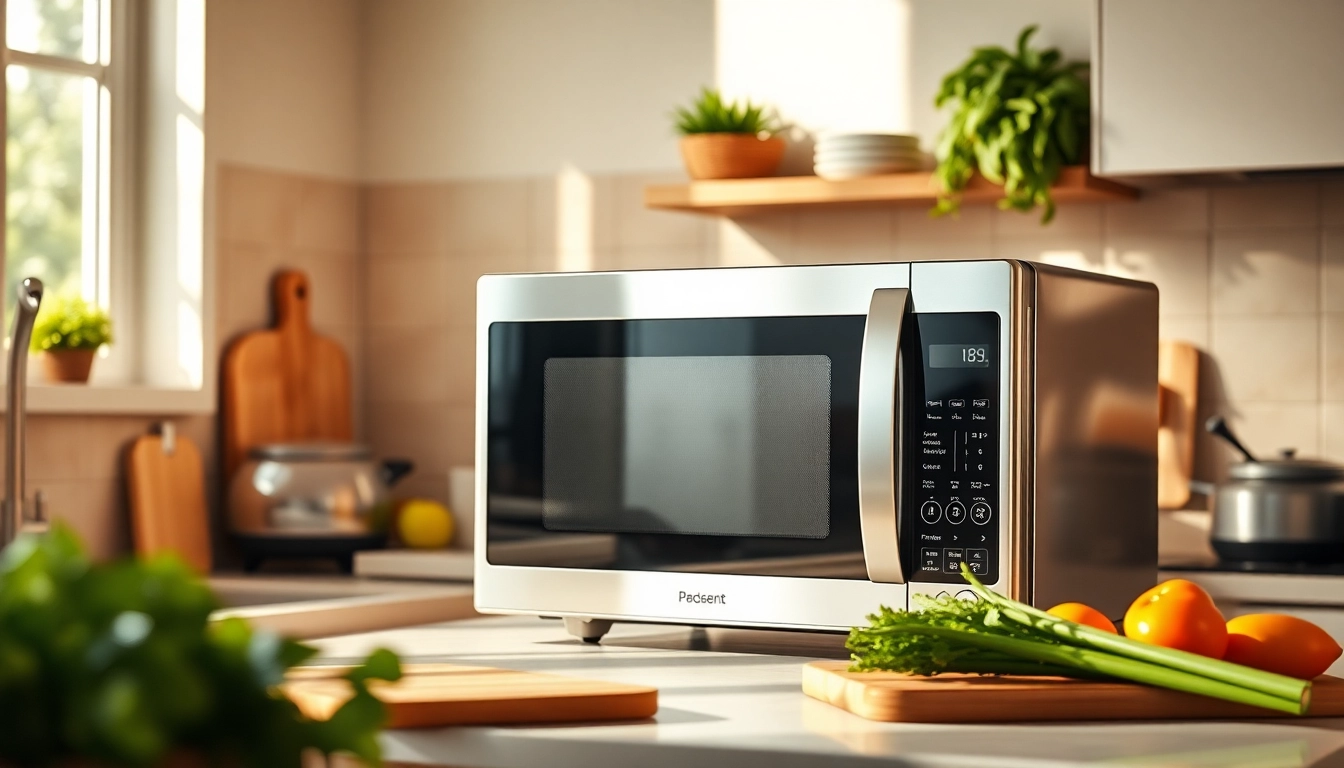 Promote microwave oven sales with a sleek countertop unit in a vibrant kitchen setting.