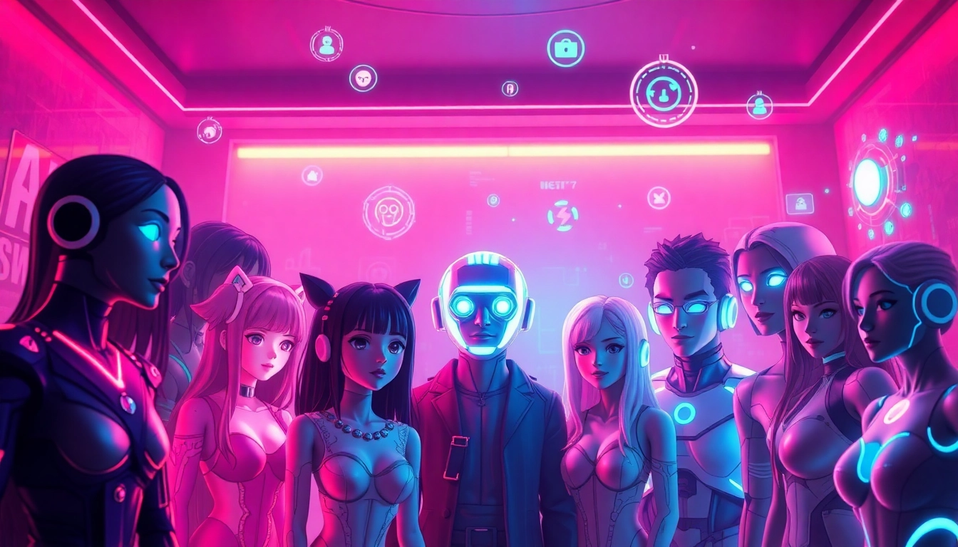 Engaging scene of NSFW AI chatbots showcasing diverse characters in a futuristic digital environment.