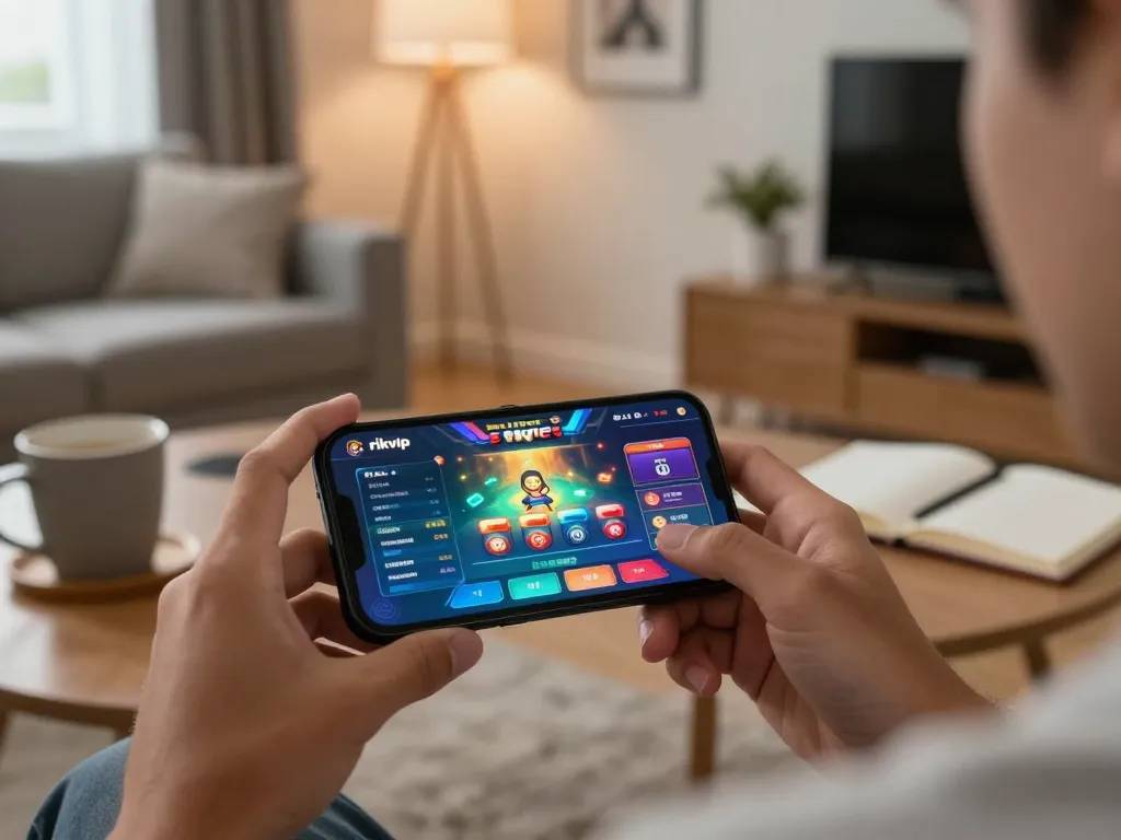 Play on rikvip with a mobile device, showcasing engaging features in a cozy home environment