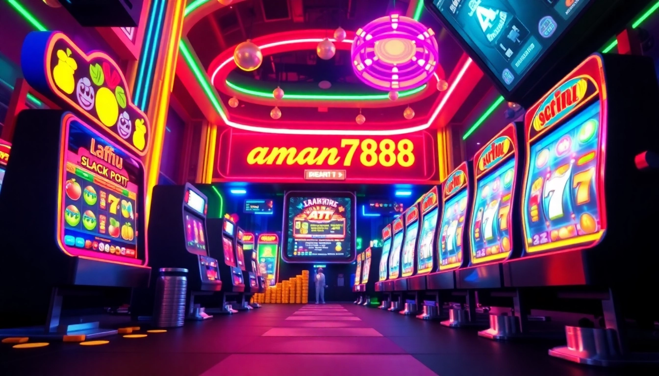 aman788 online slot gaming scene with vibrant neon lights and dynamic icons