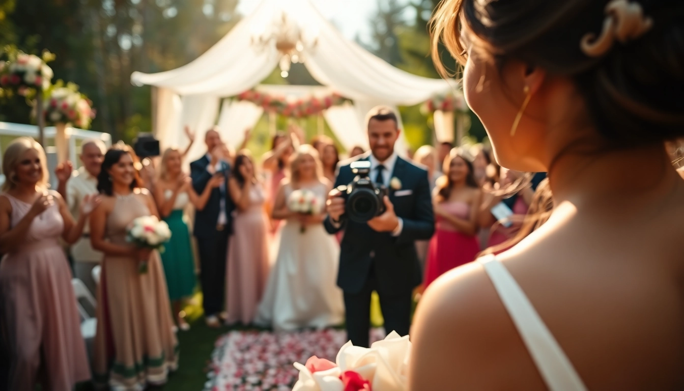 Edmonton videographer capturing a lively wedding celebration in a picturesque garden.