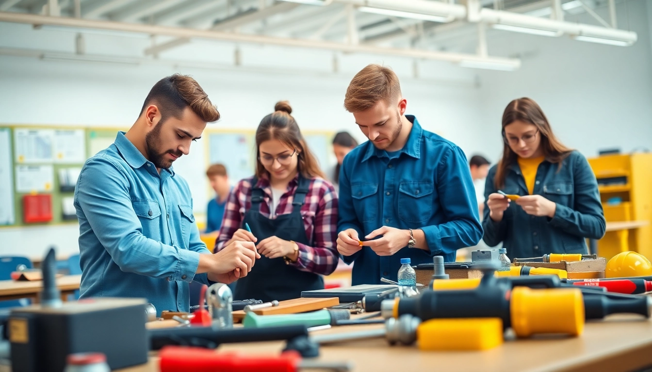 Students studying at a trade school, showcasing hands-on learning and modern tools.