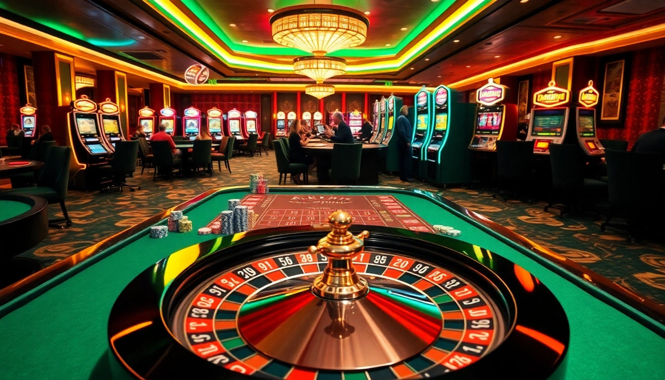 Joueurs de casino en ligne profitant d'un moment palpitant à la table de roulette sous des lumières scintillantes.
