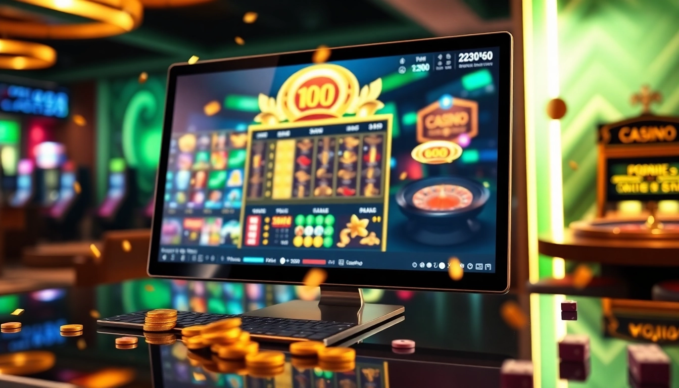 Une scène de casino en ligne passionnante avec des machines à sous vibrantes, des tables de poker et des lancers de dés.