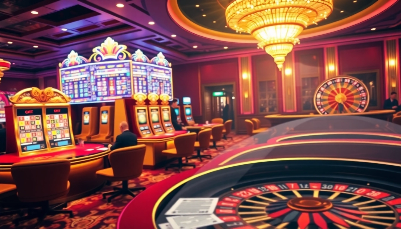 Scène captivante d'un casino en ligne avec des tables vibrantes et des machines à sous, reflétant l'excitation.