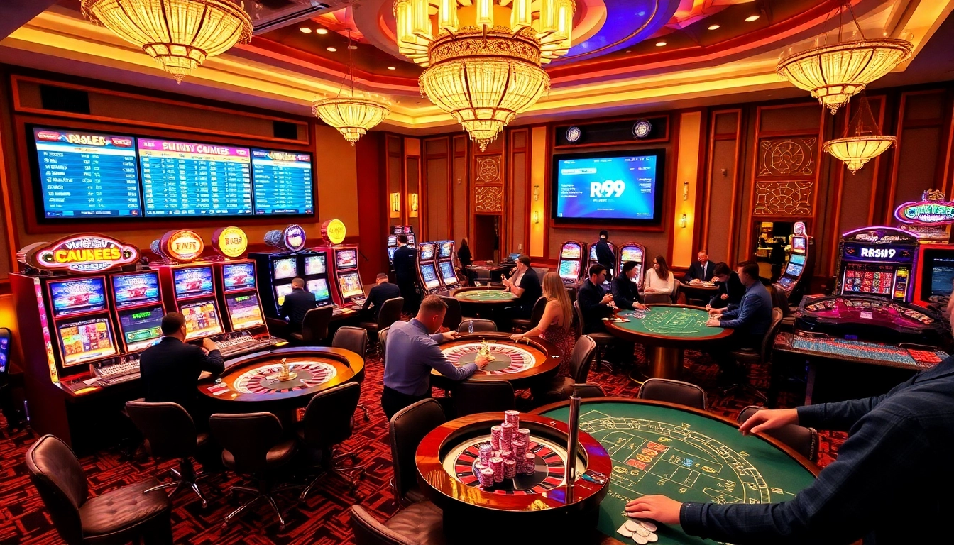 Experience the thrilling ambiance of RR99 with a luxury casino scene showcasing gambling tables and slot machines.