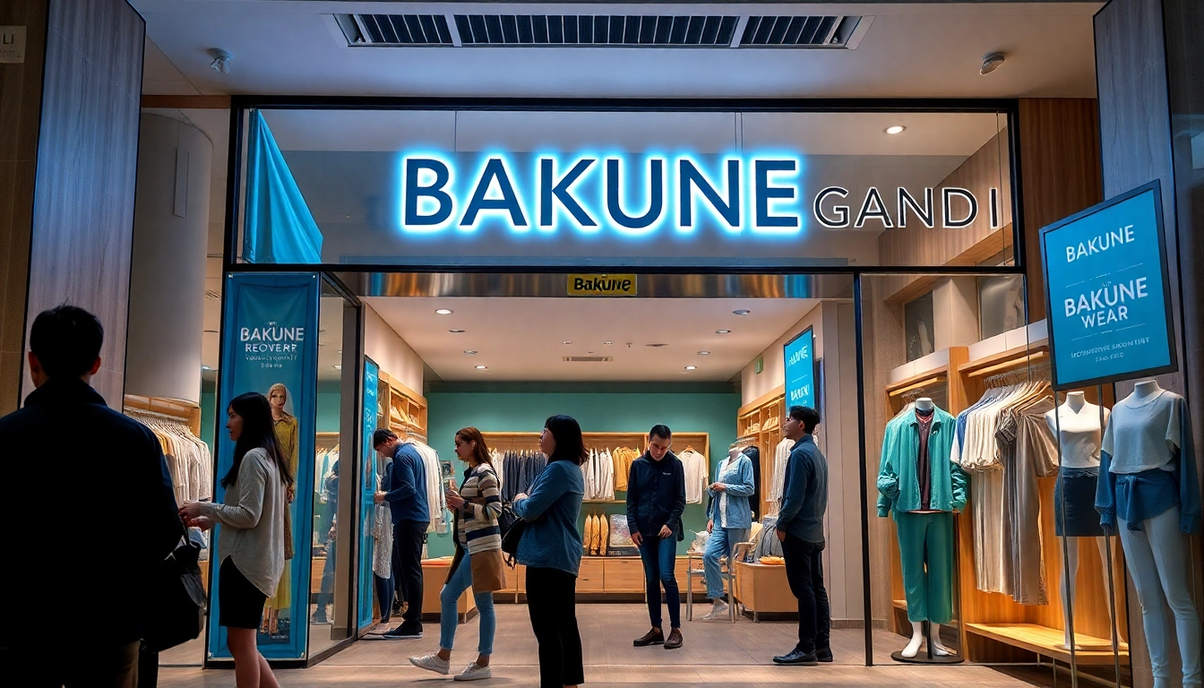 横浜 BAKUNE 店舗のモダンな外観とリカバリーウェアを買い物する幸せそうな顧客の写真。