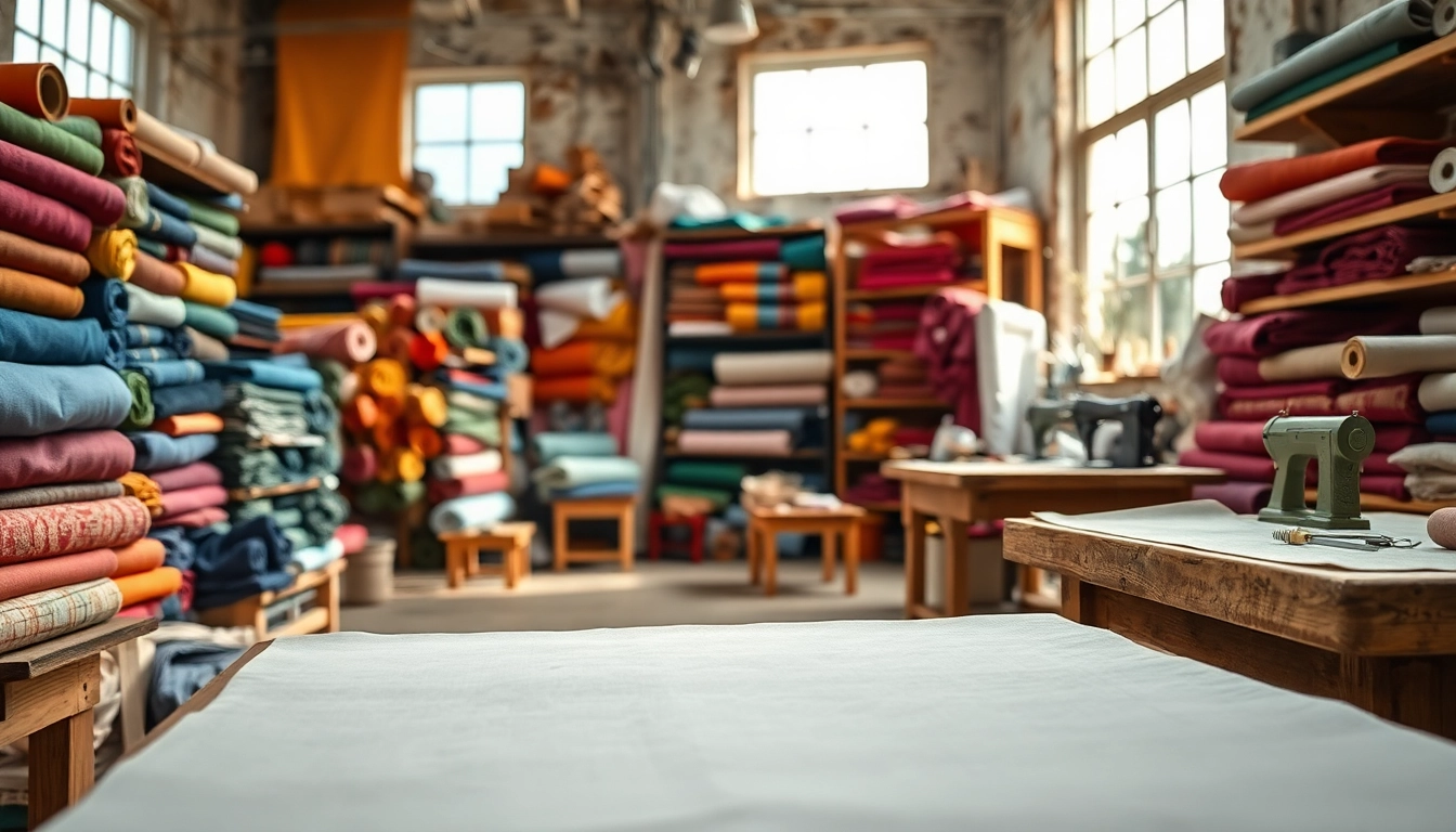 Katoenen canvasstof met kleurrijke rollen in een creatieve werkplaats.