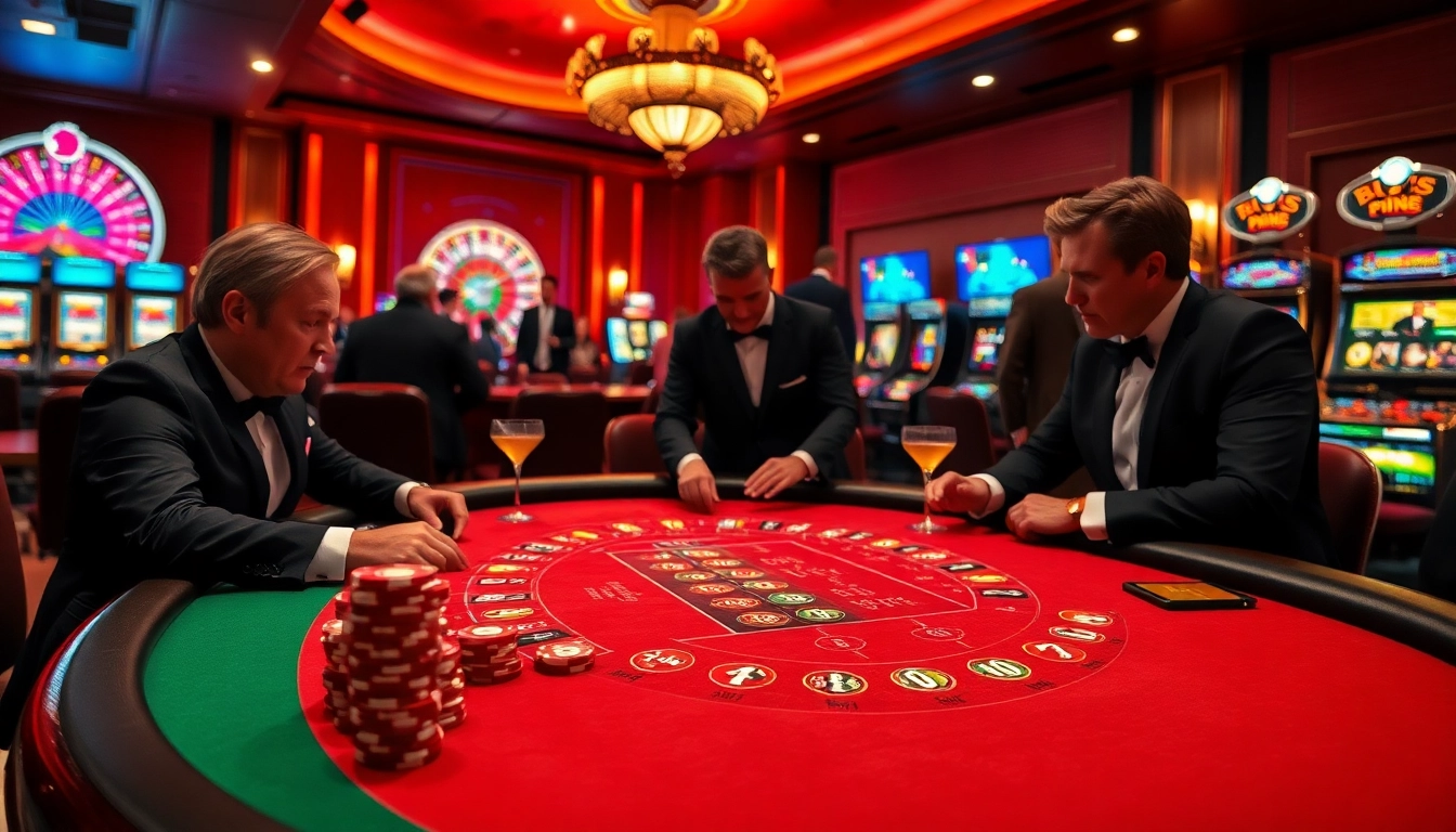 Un gameplay captivant dans un casino en ligne, montrant des joueurs engagés à la table de poker avec des éléments de casino vibrants.