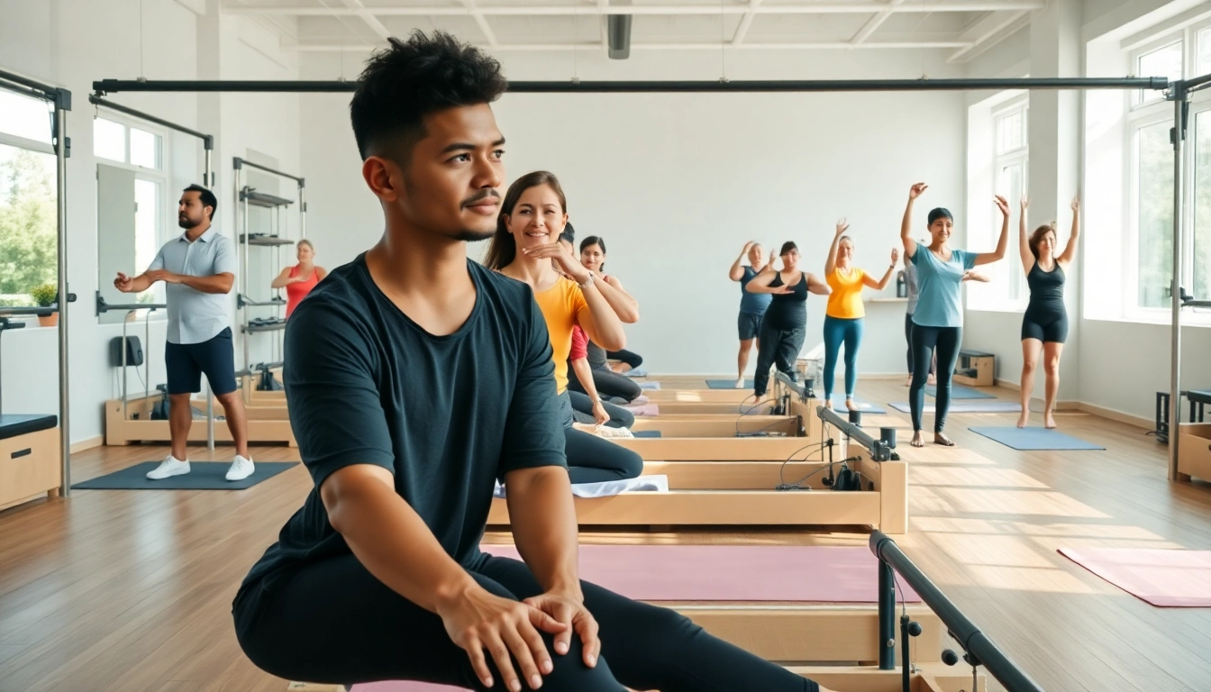 ピラティス おすすめ シーン：静かなスタジオで多様な人々がさまざまなエクササイズに取り組み、ウェルネスと自己成長を促進します。