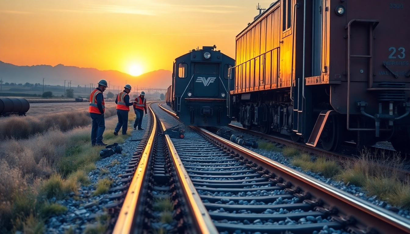 Workers conducting Emergengy Railroad Repair on damaged tracks at sunset, illustrating urgency and professionalism.