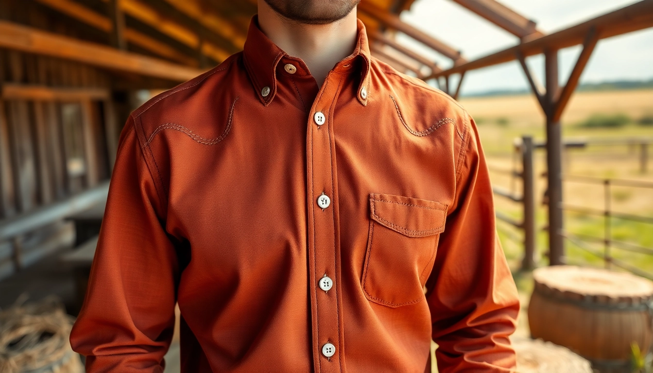 Wearing a stylish cowboy shirt Canada in an authentic ranch backdrop.