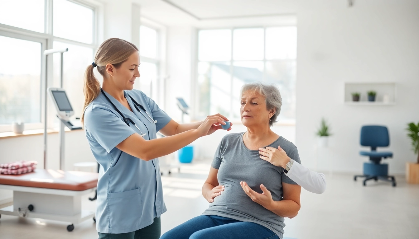 Engaging physiotherapy near me session showcasing skilled assistance within a bright clinic.