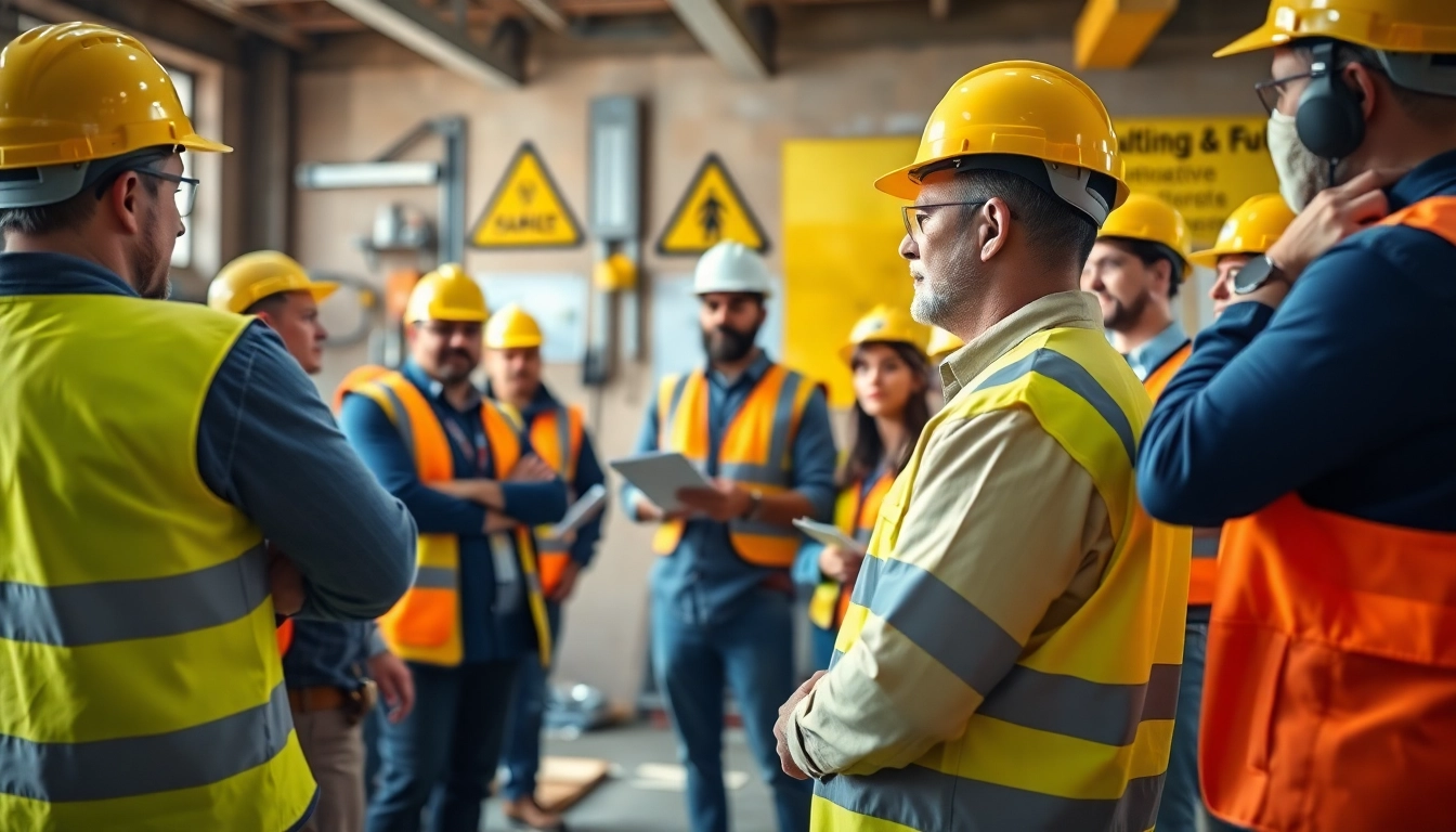 Engaged participants in construction safety training demonstrate equipment handling with safety awareness.