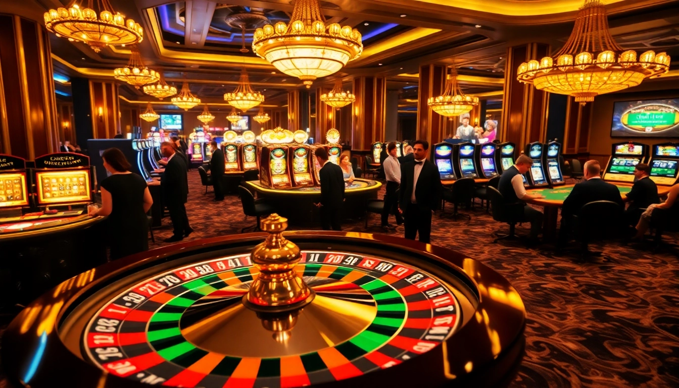 Vivez le frisson du casino en ligne alors qu'une roue de roulette tourne parmi des joueurs impatients et des machines à sous scintillantes.