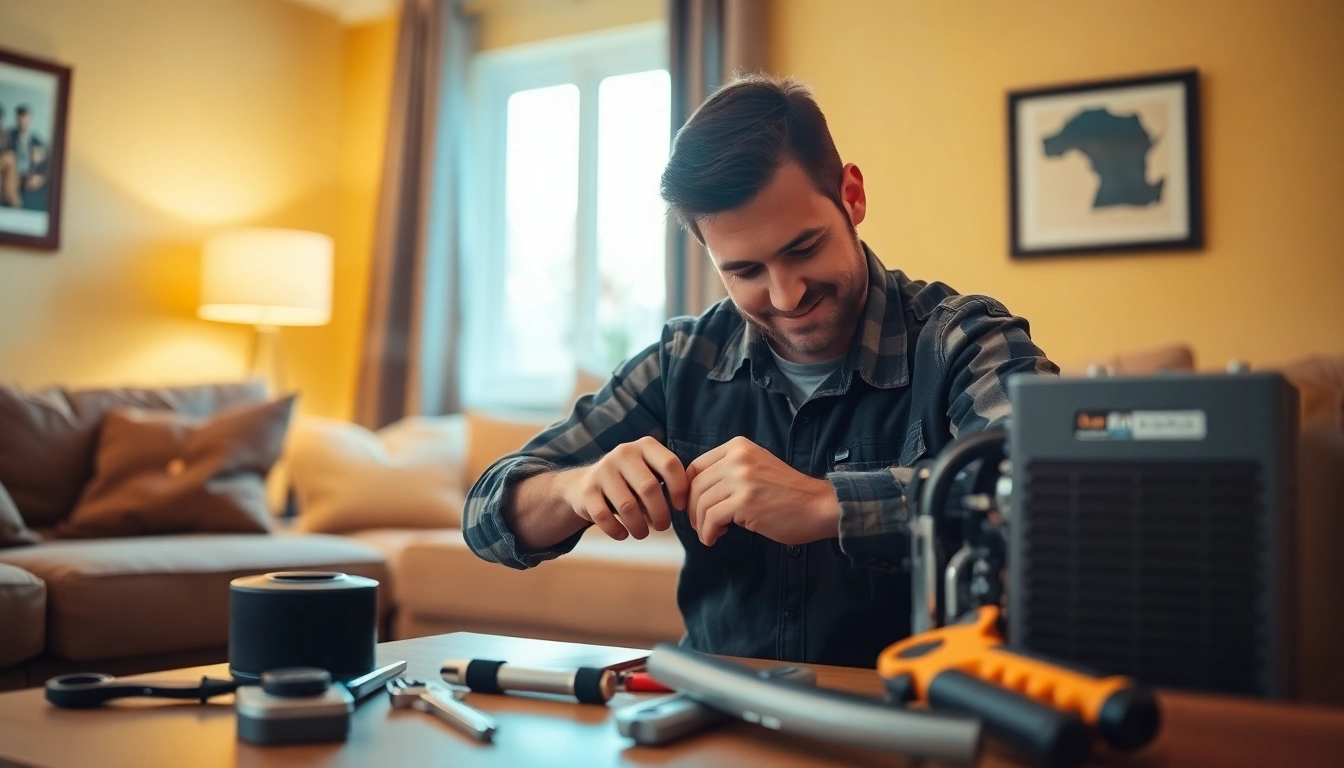 Technician performing furnace repair near me in a cozy living room setting with warm lighting.