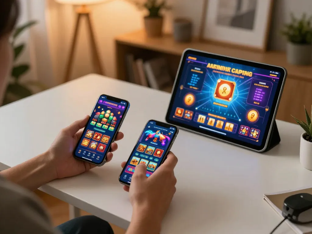 Engaging in gajah toto mobile gaming setup, showcasing vibrant casino app interface on smartphone and tablet