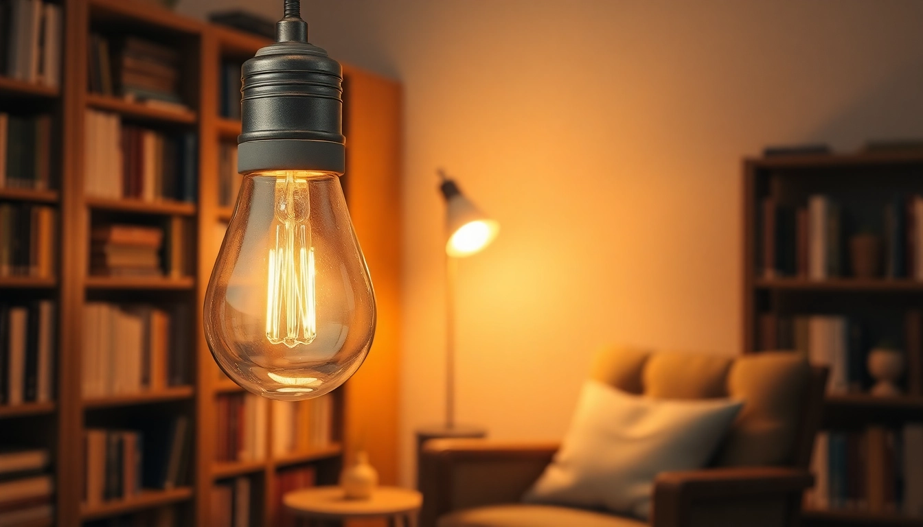 What is an A19 bulb illuminating a cozy reading nook with warm light and bookshelves.