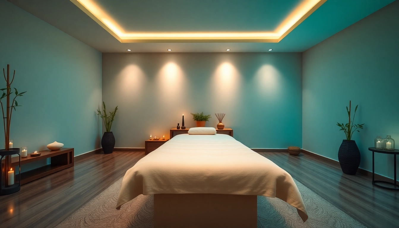 편안한 조명과 차분한 색조가 있는 이완 마사지 환경.