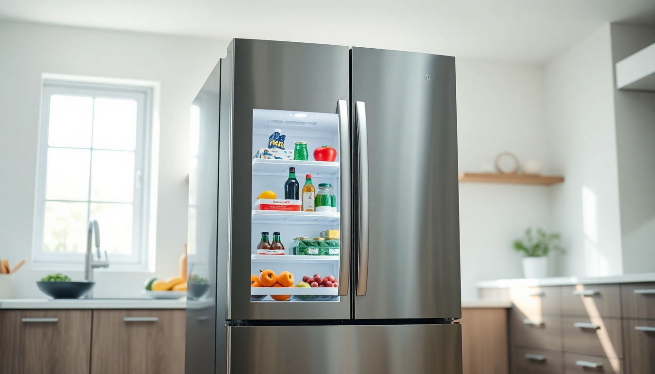 A modern refrigerator showcasing neatly organized interiors in a bright kitchen.