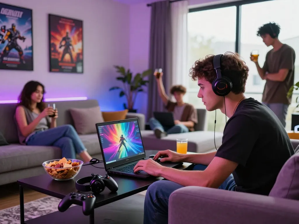 Lingkungan permainan di rumah yang menarik yang menampilkan keseruan permainan laoban188 bersama teman-teman dan camilan.