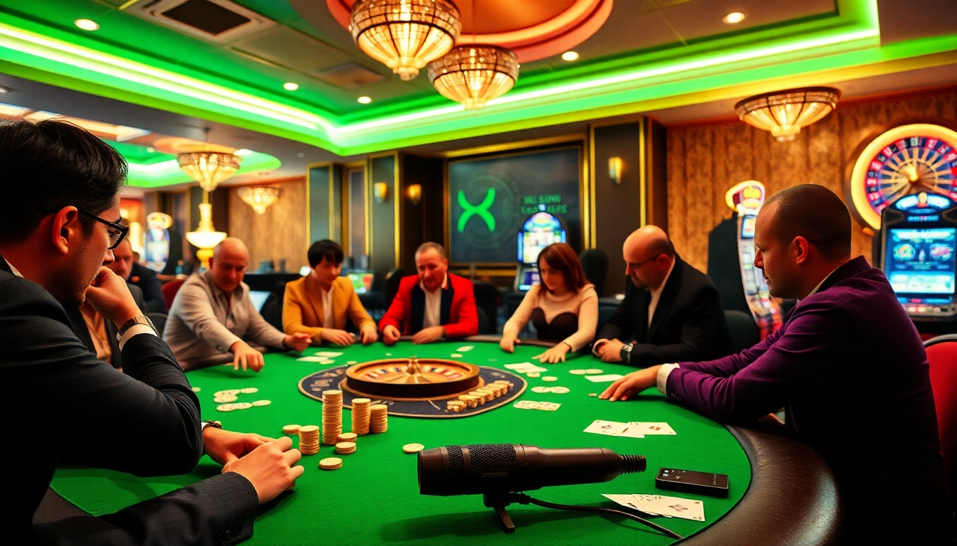 Players at a poker table with chips and cards, featuring MV88 microphone for capturing winning moments.