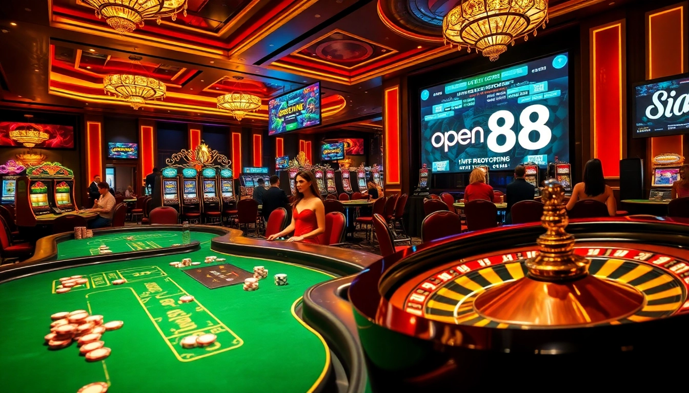 Glamorous casino scene highlighting vibrant poker action at open 88 with colorful chips and tables.