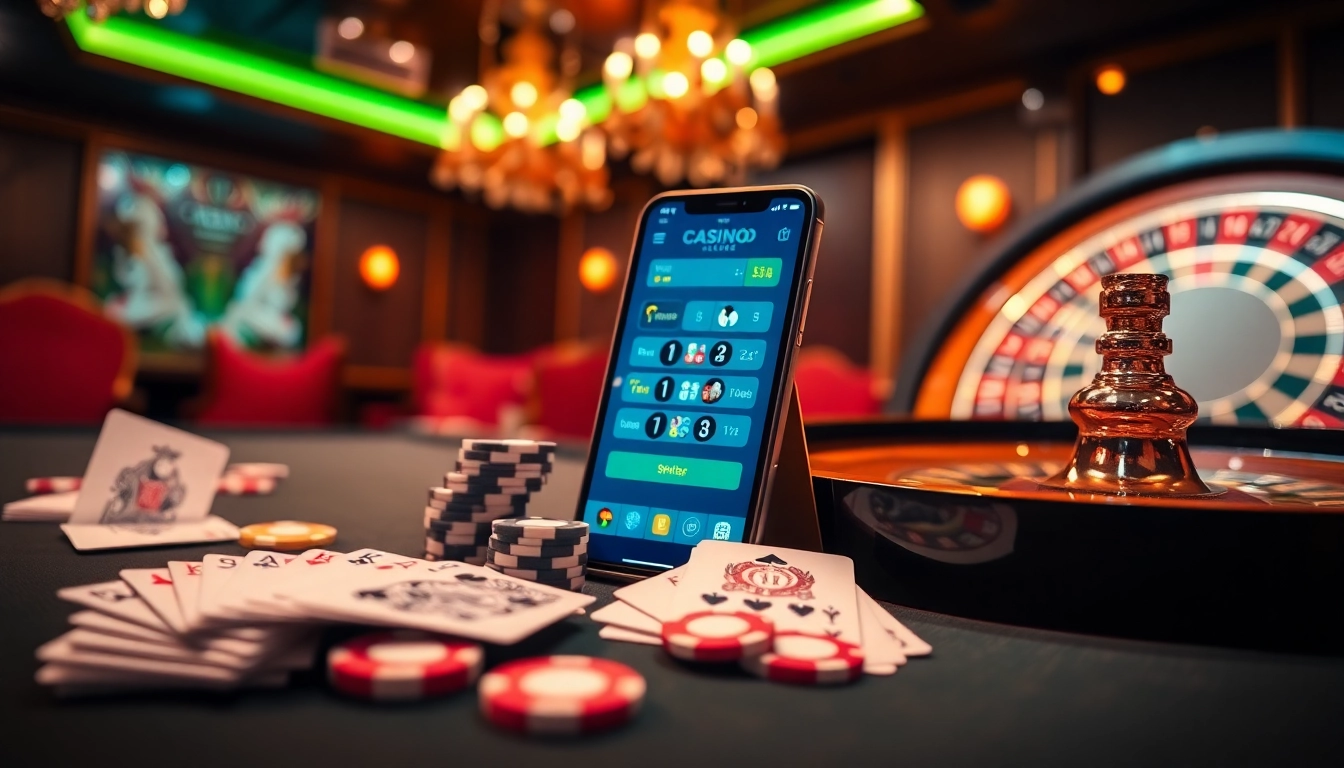 Table de casino en ligne avec des cartes, des jetons, et une interface d'application mobile montrant les jeux d'argent en ligne.