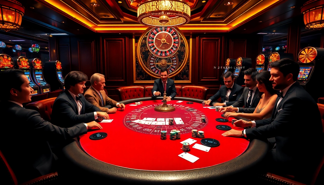 High-stakes poker action at https://nk88.luxury casino, vibrant players with chips and cards in an elegant atmosphere.