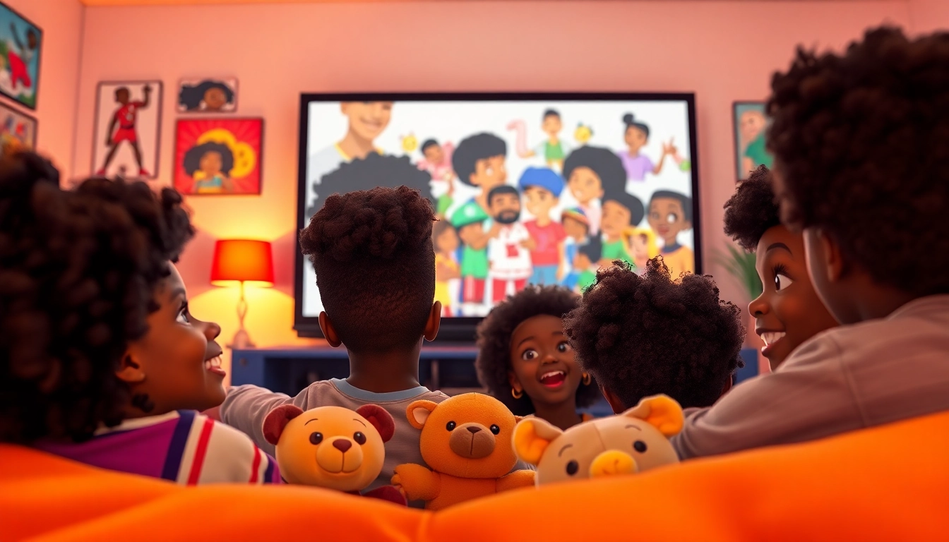 A joyful scene of children engaging with African American cartoons, showcasing diversity in animation.