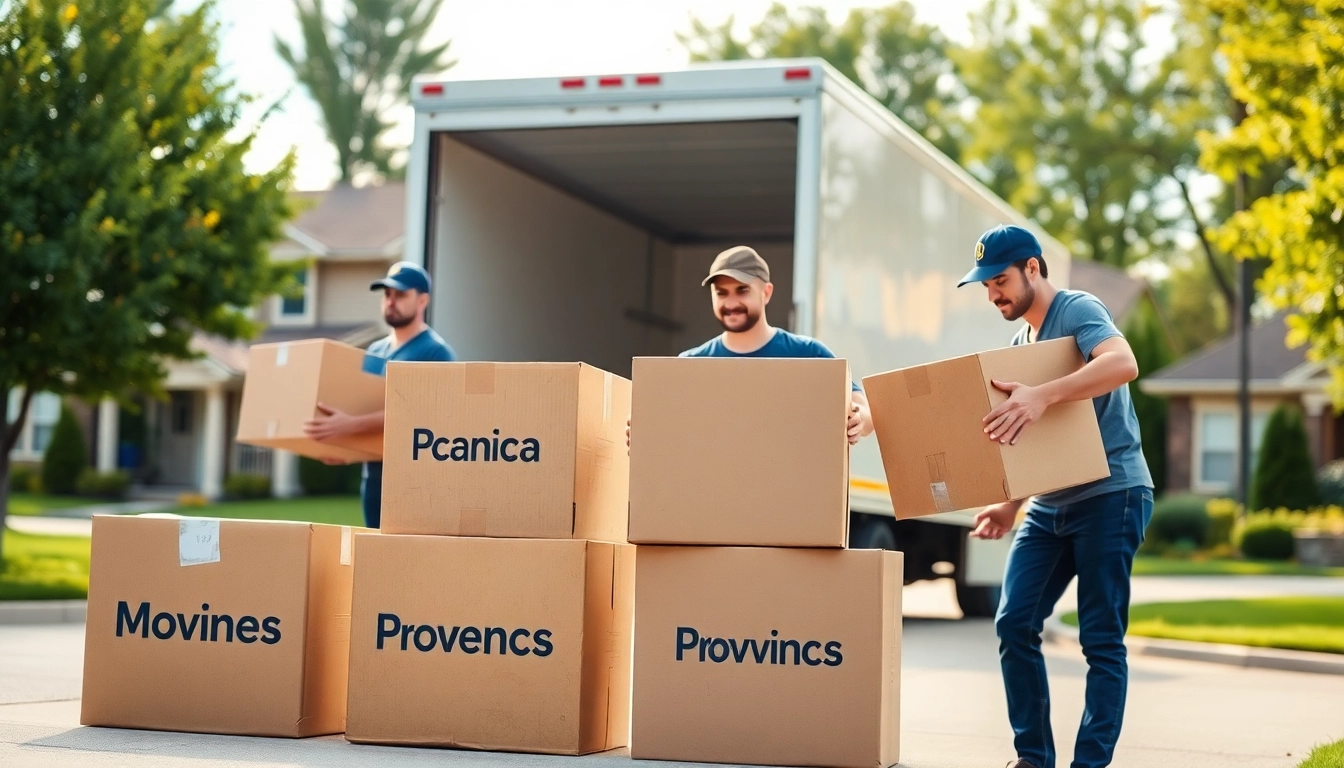 Movers expertly organizing boxes for moving companies across provinces in a cheerful setting.