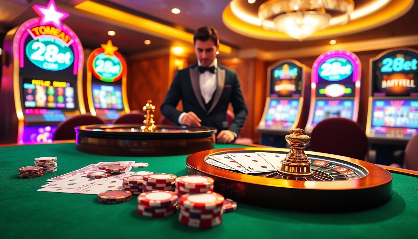 Enjoying thrilling games at 28bet com with luxurious casino tables, vibrant slot machines, and poker chips.