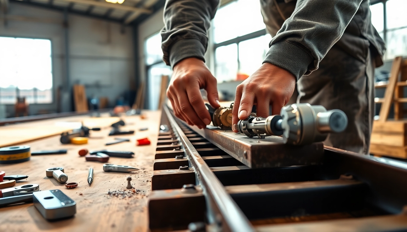 Engaging visual of railroad maintenance services technician focused on track repair in a vibrant workshop.