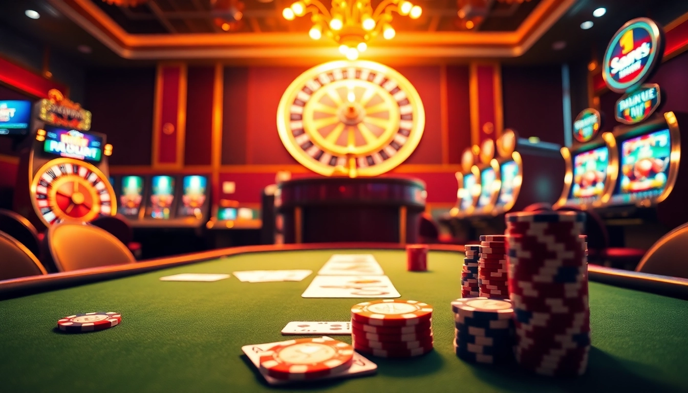 Suasana meja poker yang menarik di pengaturan situs poker, menampilkan chip dan kartu yang cerah.