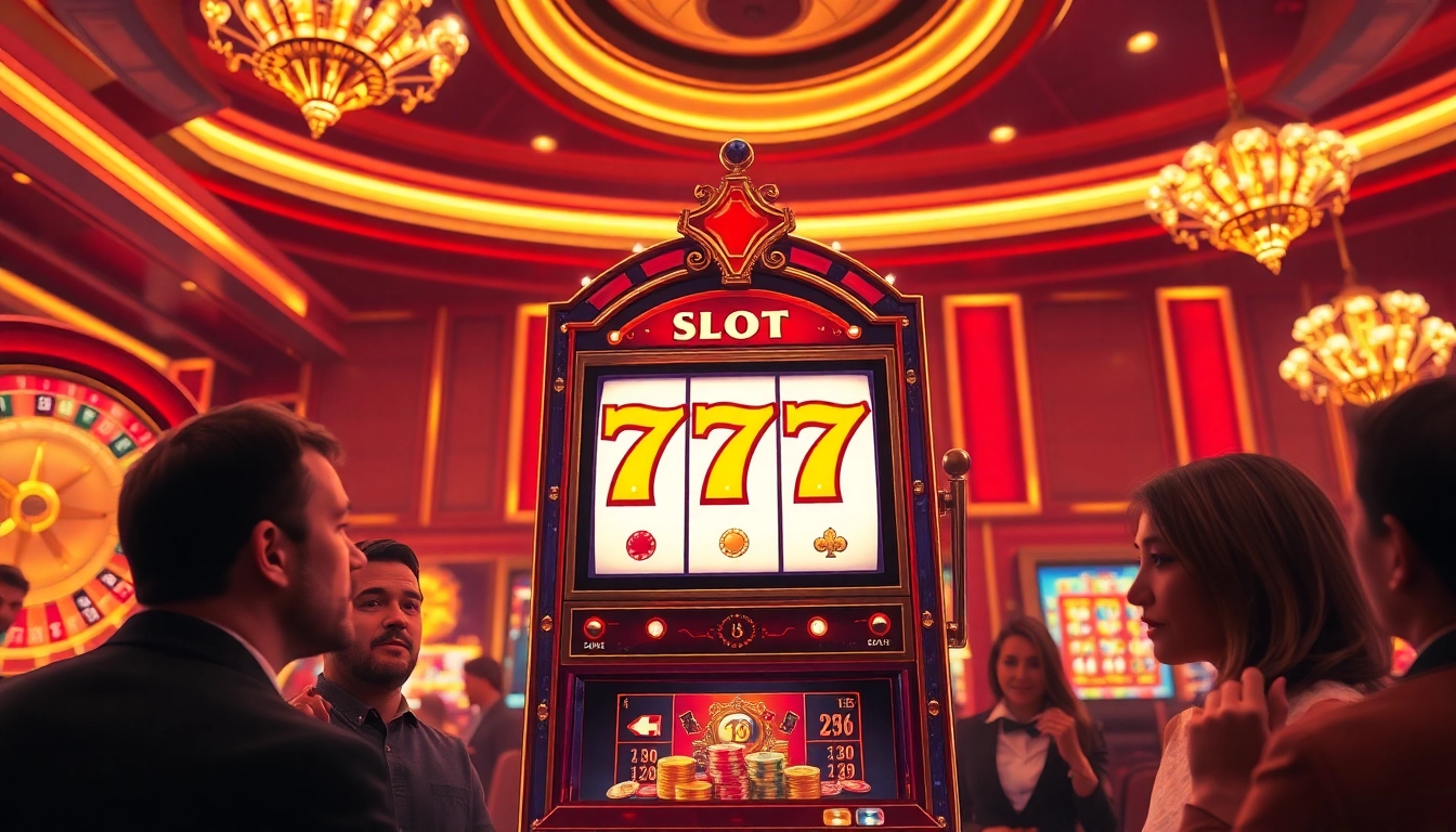 Players enjoy the excitement of Slot 777 with vibrant casino lights and luxury surroundings.