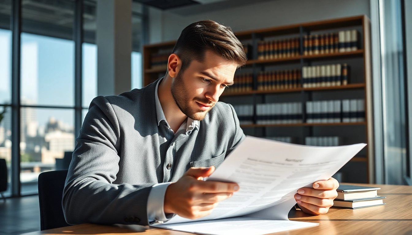 Arbeitsvertrag prüfen – Anwalt untersucht detaillierten Arbeitsvertrag am Schreibtisch.