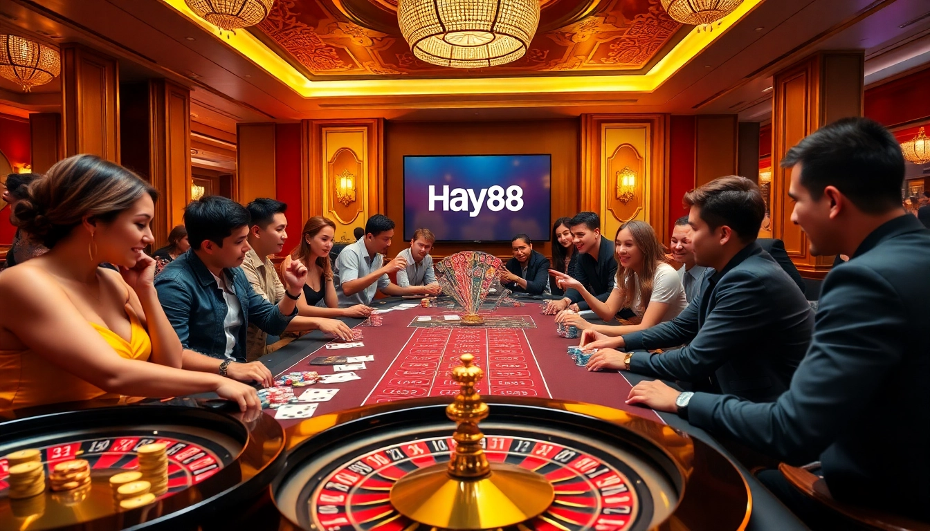 Experience high-stakes gameplay with Hay88 at an elegant casino table featuring poker chips and cards.